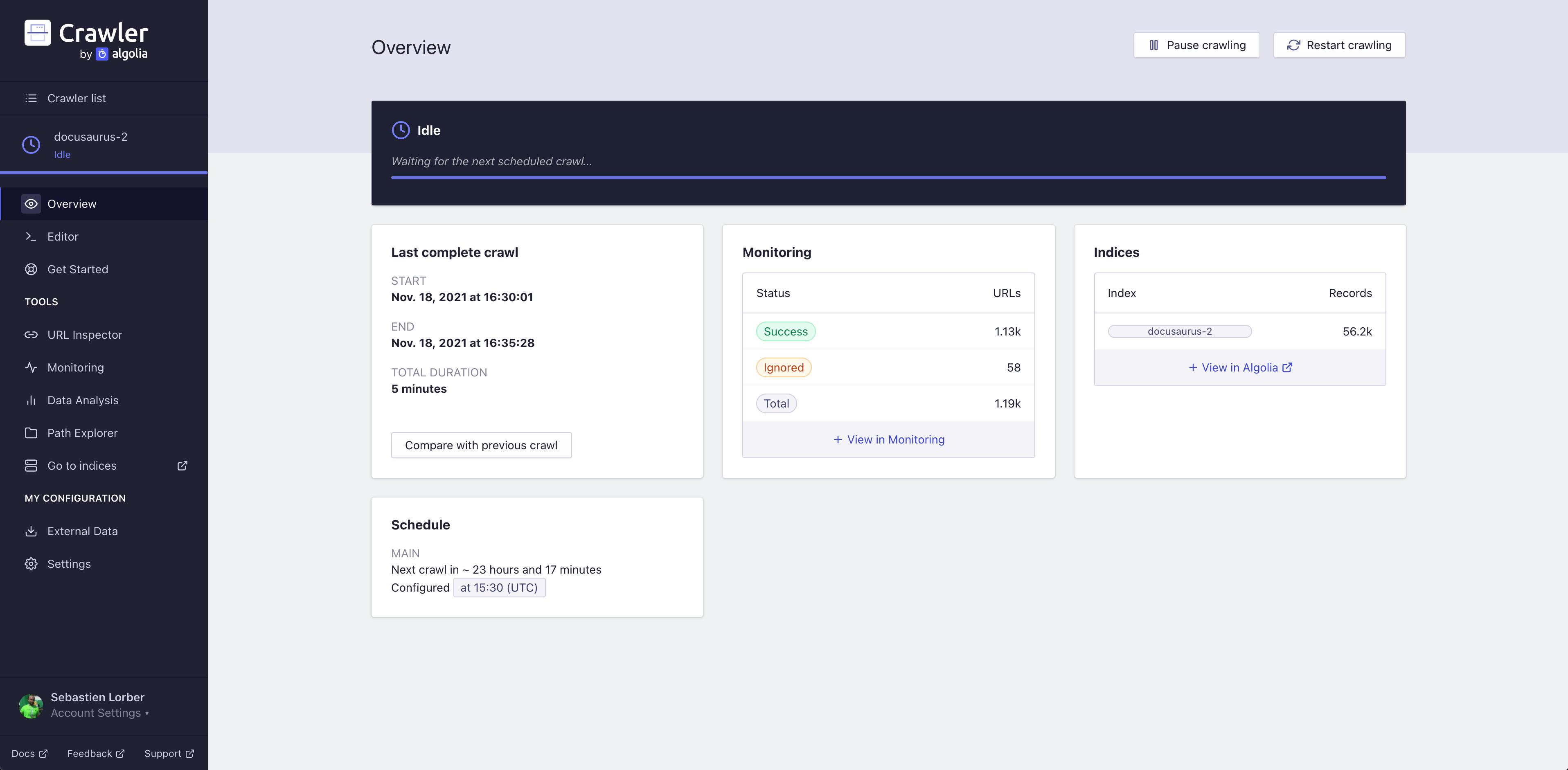 The Algolia crawler front page showing the project's overview, such as last complete crawl and indices
